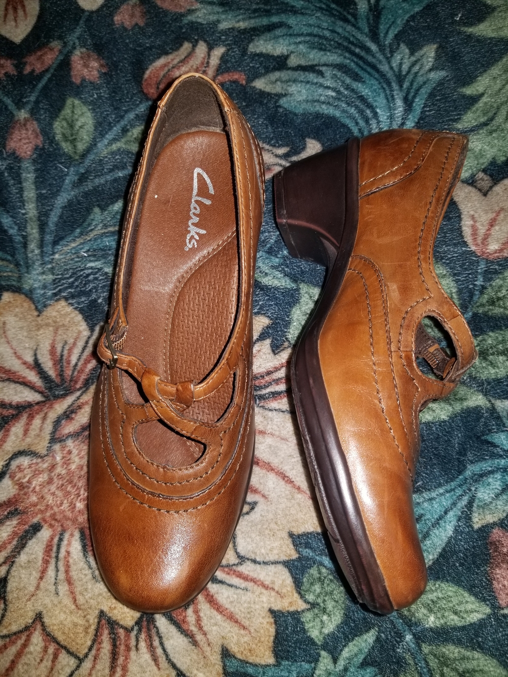 Clarks Cognac Leather Mary Jane Heels